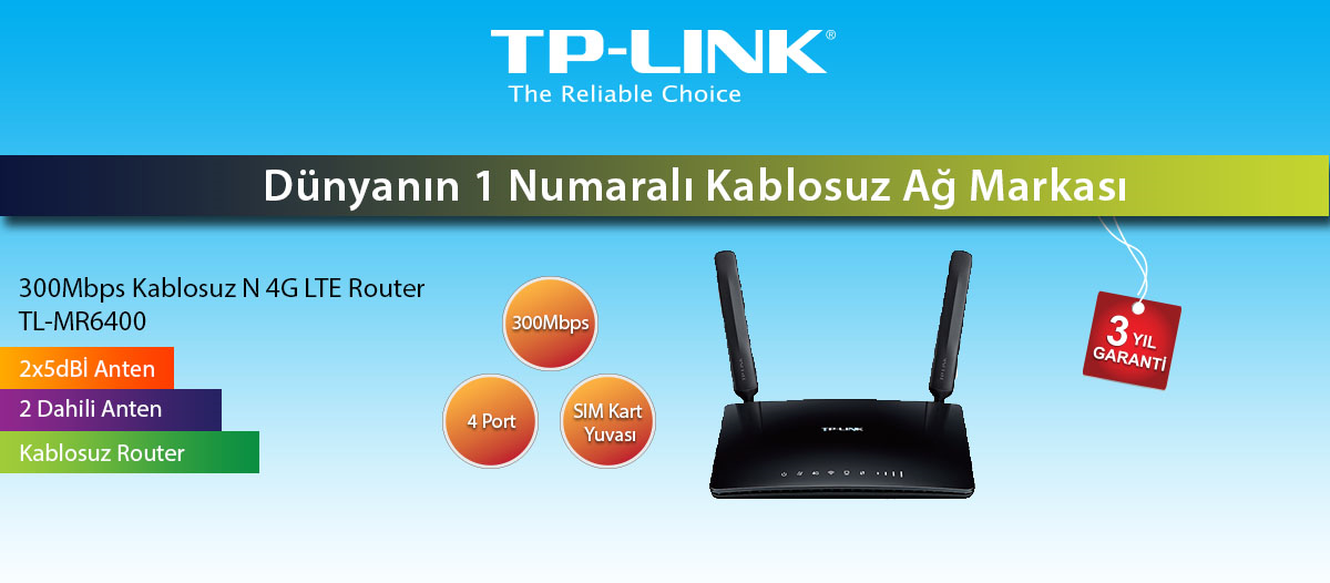 TP-LINK TL-MR6400 300MBPS 4 PORT 2 ANTEN 4G LTE INDOOR SIM KART GİRİŞLİ ROUTER